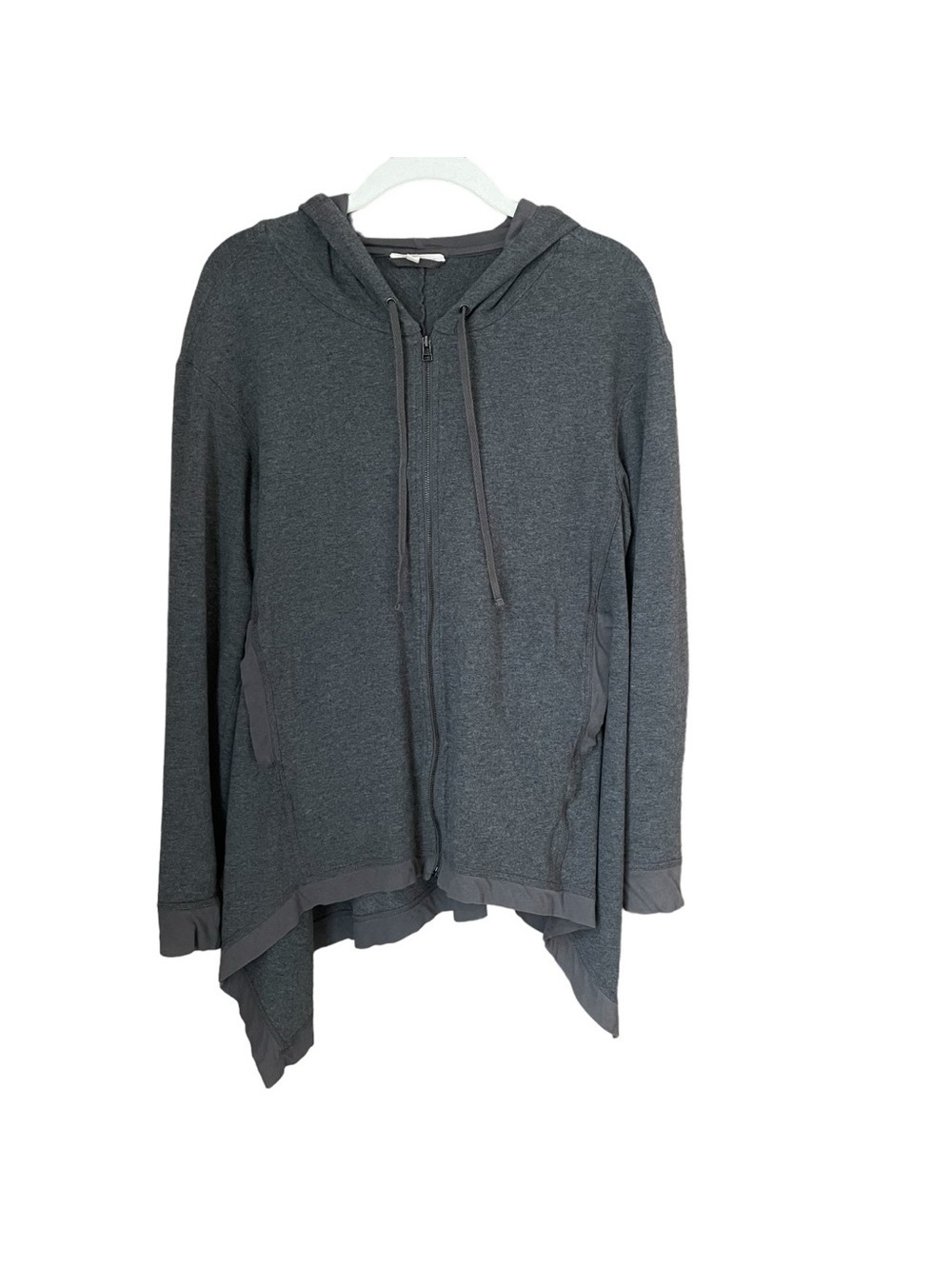 Eileen Fisher Zip Up Hooded Jacket Gray Size XS Organic Cotton Asymmetrical Hem